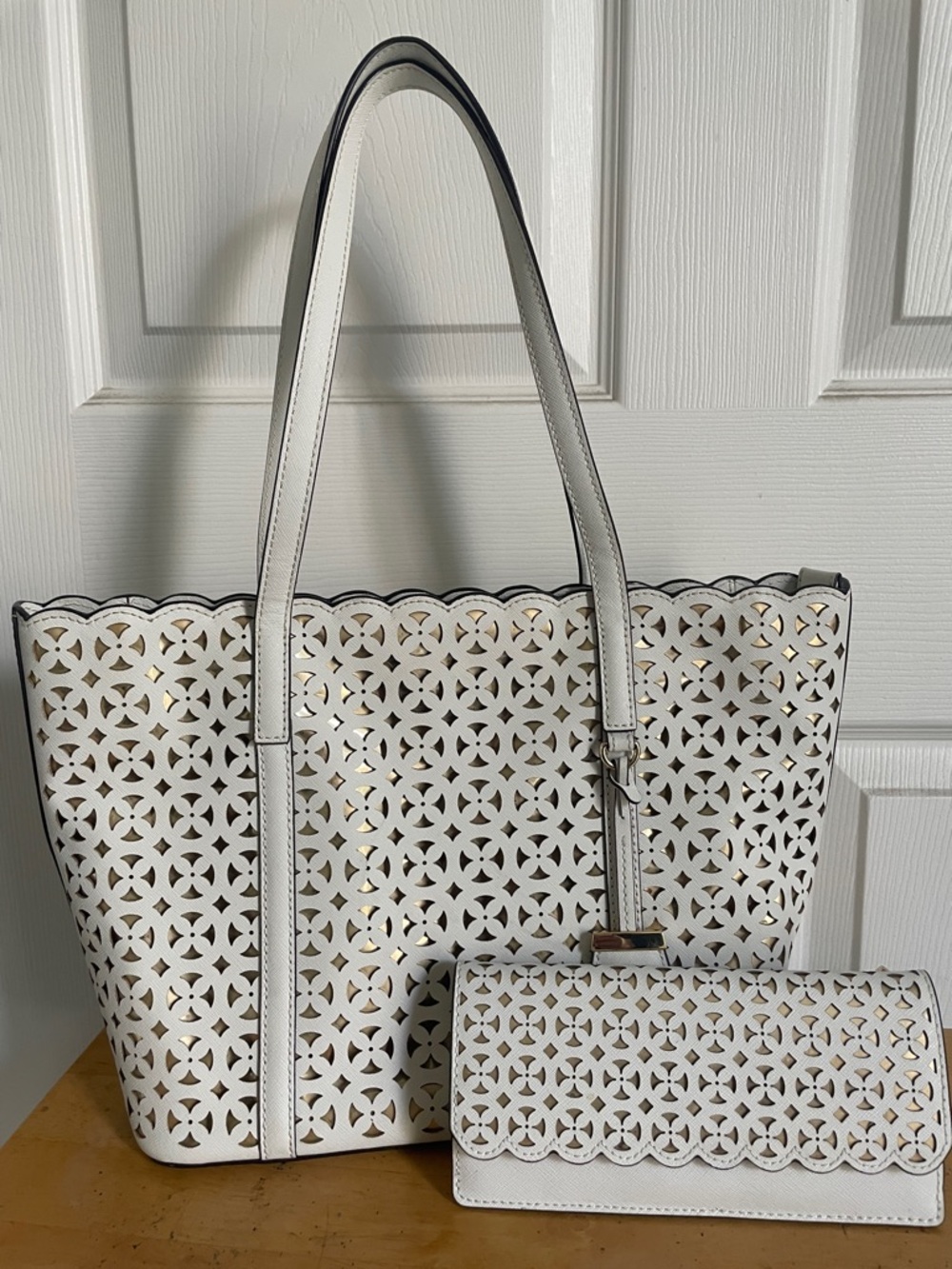 Michael Kors White Laser-Cut Tote with Matching Wallet